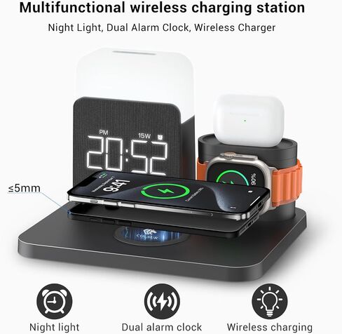 3 in 1 Charging Station for iPhone, Alarm Clock, Night Light, Wireless Charger for iPhone 15 14 13 12 11 X Pro Max & Apple Watch - Charging Stand Dock for AirPods in Saudi Arabia