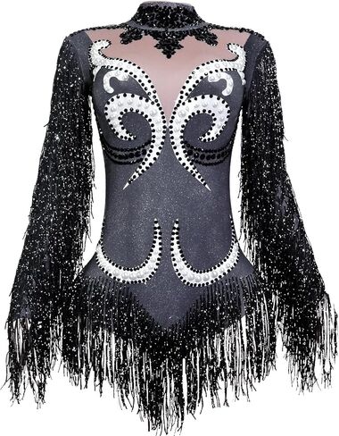 Gogo Sparkly Pearl Long Sleeves Fringe Women Bodysuit Birthday Celebrate Performan in Kuwait