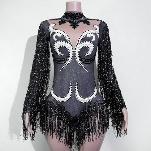 Gogo Sparkly Pearl Long Sleeves Fringe Women Bodysuit Birthday Celebrate Performan in Kuwait