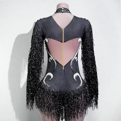 Gogo Sparkly Pearl Long Sleeves Fringe Women Bodysuit Birthday Celebrate Performan in Kuwait