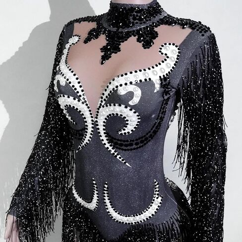 Gogo Sparkly Pearl Long Sleeves Fringe Women Bodysuit Birthday Celebrate Performan in Kuwait