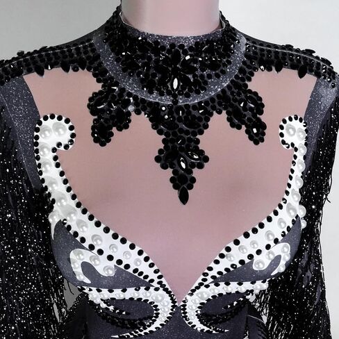 Gogo Sparkly Pearl Long Sleeves Fringe Women Bodysuit Birthday Celebrate Performan in Kuwait