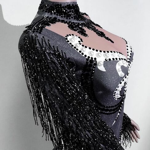 Gogo Sparkly Pearl Long Sleeves Fringe Women Bodysuit Birthday Celebrate Performan in Kuwait