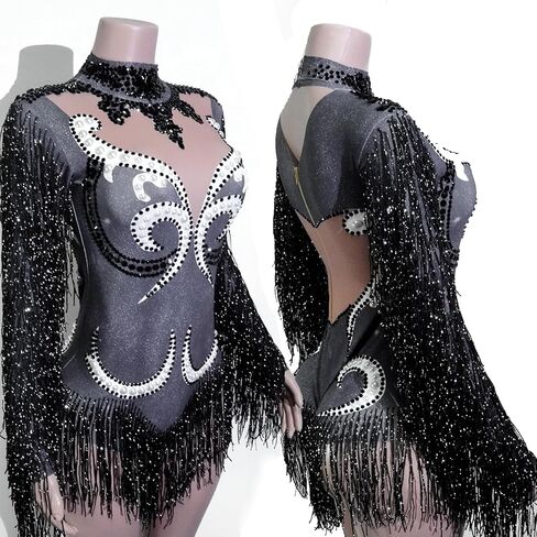 Gogo Sparkly Pearl Long Sleeves Fringe Women Bodysuit Birthday Celebrate Performan in Kuwait