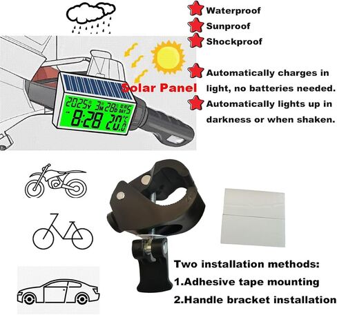 Solar Powered LCD Clock - Waterproof Shockproof Car Multifunctional Digital Clock with Time, Date, Week, Temperature,Handle Bracket for for Car Motorcycle Bicycle Green Light in Saudi Arabia