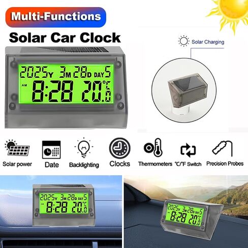 Solar Powered LCD Clock - Waterproof Shockproof Car Multifunctional Digital Clock with Time, Date, Week, Temperature,Handle Bracket for for Car Motorcycle Bicycle Green Light in Saudi Arabia