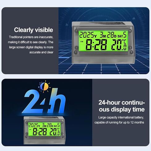 Solar Powered LCD Clock - Waterproof Shockproof Car Multifunctional Digital Clock with Time, Date, Week, Temperature,Handle Bracket for for Car Motorcycle Bicycle Green Light in Saudi Arabia