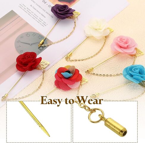 uxcell Rose Lapel Pin for Men, Flower with Gold Leaf Chain Brooch, Fabric Handmade Camellia Corsage Accessory in Saudi Arabia