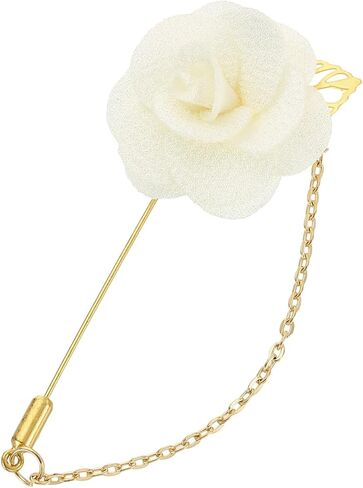uxcell Rose Lapel Pin for Men, Flower with Gold Leaf Chain Brooch, Fabric Handmade Camellia Corsage Accessory in Saudi Arabia