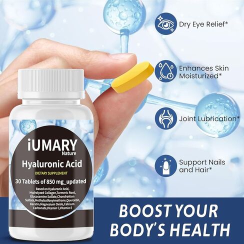مكملات حمض الهيالورونيك ، 850 ملغ من حمض الهيالورونيك الغذائي 850 ملغ - دعم مفصل متقدم مع الكولاجين المائي ، الكركم ، غلو كوزامين ، MSM ، فيتامين C - 30 قرصًا （حزمة من 1） in Kuwait