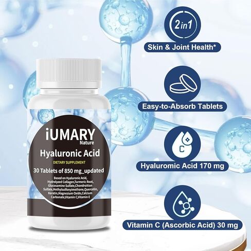 مكملات حمض الهيالورونيك ، 850 ملغ من حمض الهيالورونيك الغذائي 850 ملغ - دعم مفصل متقدم مع الكولاجين المائي ، الكركم ، غلو كوزامين ، MSM ، فيتامين C - 30 قرصًا （حزمة من 1） in Kuwait