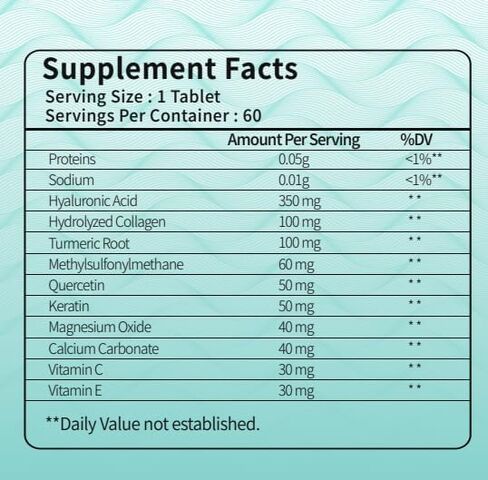 حمض الهيالورونيك 850mg مع الكولاجين المائي ، الكركم ، MSM ، فيتامين C ، 60 قرصًا ، إمدادات شهرين in Kuwait