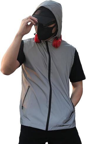 Men's Outdoor Night Running, Cycling, Hiking, Fishing Stage Couple Reflective Hooded Sleeveless Vest Jacket in Saudi Arabia