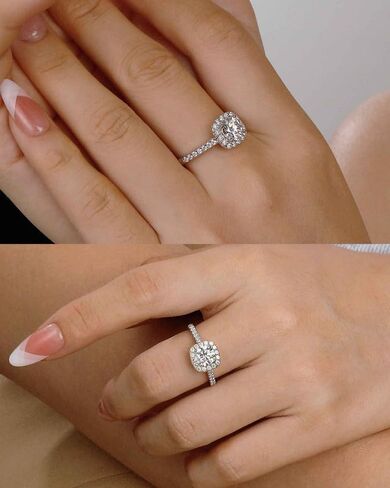 خواتم خطوبة Halo Moissanite للنساء 1.45 قيراط D Color VVS1 Cut Cut محاكاة الماس 18K الذهب الأبيض مطلي 925 الجنيه الاسترليني Silver Anniversary Promise Ring للنساء الحجم 4-9 in Kuwait
