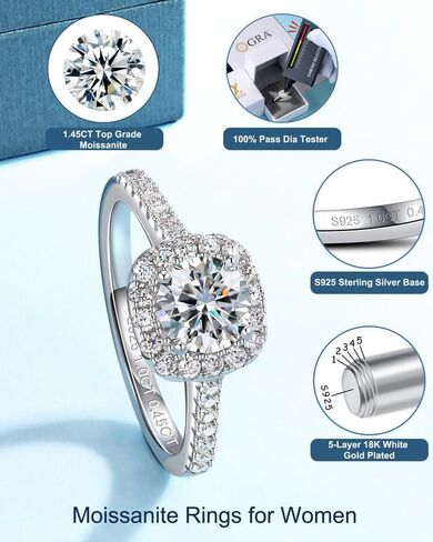 خواتم خطوبة Halo Moissanite للنساء 1.45 قيراط D Color VVS1 Cut Cut محاكاة الماس 18K الذهب الأبيض مطلي 925 الجنيه الاسترليني Silver Anniversary Promise Ring للنساء الحجم 4-9 in Kuwait