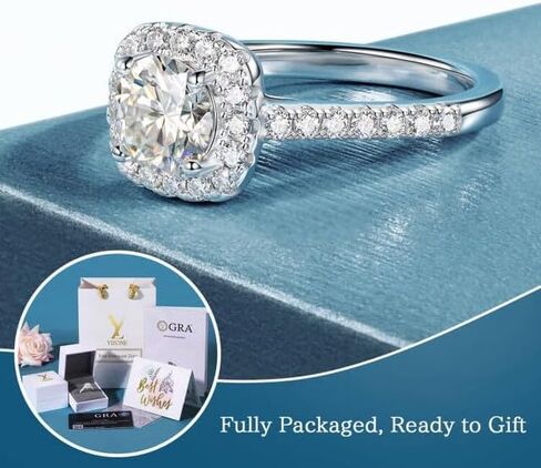 خواتم خطوبة Halo Moissanite للنساء 1.45 قيراط D Color VVS1 Cut Cut محاكاة الماس 18K الذهب الأبيض مطلي 925 الجنيه الاسترليني Silver Anniversary Promise Ring للنساء الحجم 4-9 in Kuwait