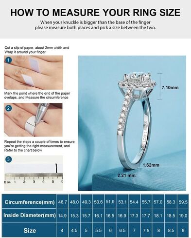 خواتم خطوبة Halo Moissanite للنساء 1.45 قيراط D Color VVS1 Cut Cut محاكاة الماس 18K الذهب الأبيض مطلي 925 الجنيه الاسترليني Silver Anniversary Promise Ring للنساء الحجم 4-9 in Kuwait