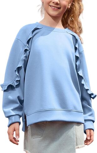 الأطفال الفتيات الكشكشة البلوز طويلة الأكمام Crewneck لطيف البلوز القمم الجانب الشق الخريف الربيع ملابس للأطفال in Kuwait