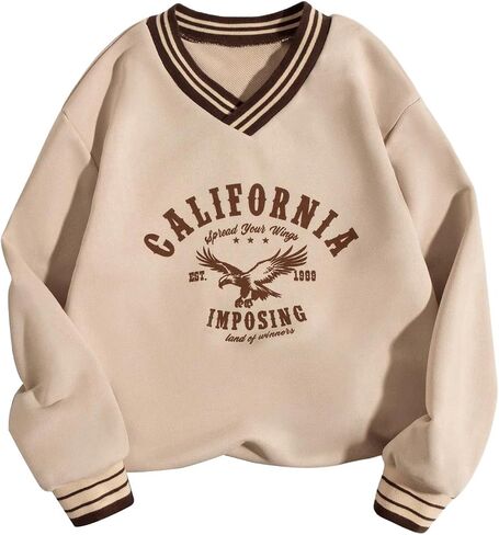 SOLY HUX Girl's Graphic Sweatshirt Letter Print V Neck Drop Shoulder Long Sleeve Preppy Casual Pullover Tops in Saudi Arabia
