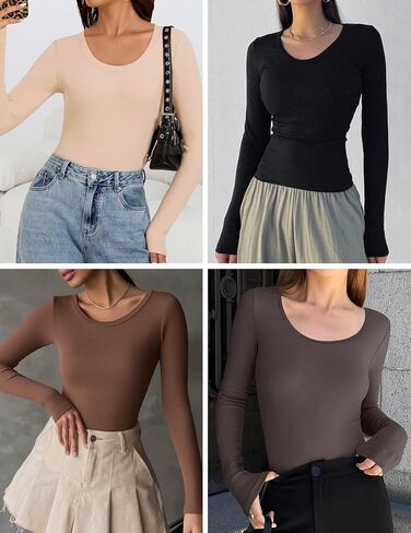 Ekouaer Long Sleeve Shirts for Women Ribbed Scoop Neck Tops 2025 Fall Basic Tees Fitted Thermal Undershirts Clothes XS-XXL in Saudi Arabia