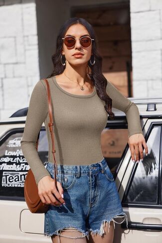 Ekouaer Long Sleeve Shirts for Women Ribbed Scoop Neck Tops 2025 Fall Basic Tees Fitted Thermal Undershirts Clothes XS-XXL in Saudi Arabia
