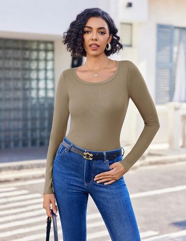 Ekouaer Long Sleeve Shirts for Women Ribbed Scoop Neck Tops 2025 Fall Basic Tees Fitted Thermal Undershirts Clothes XS-XXL in Saudi Arabia