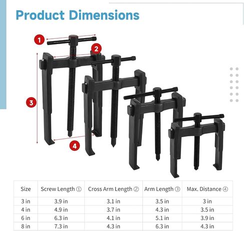 OMISTAR 4 PCS 2 Jaw Gear Puller, 3'' 4'' 6'' 8'' Adjustable Bearing Puller Remover, Hand Remover Tool Pump Pulley Remover for Flywheel, Pulley, Gear, Shaft Removal (3'' 4'' 6'' 8'') in Saudi Arabia