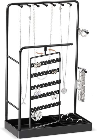 Lolalet Jewelry Stand Organizer, Room Dorm Decor Display Storage with Rotating Earring Holder Hanger and Removable Ring Tray for Necklace Bracelet Bangles Watches Studs -Gold in Saudi Arabia