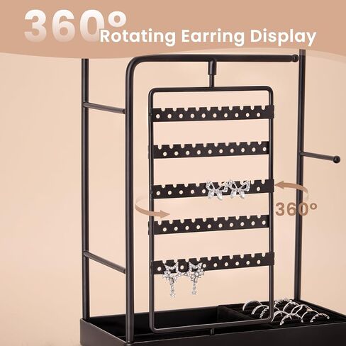 Lolalet Jewelry Stand Organizer, Room Dorm Decor Display Storage with Rotating Earring Holder Hanger and Removable Ring Tray for Necklace Bracelet Bangles Watches Studs -Gold in Saudi Arabia