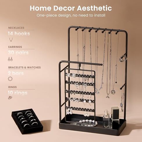 Lolalet Jewelry Stand Organizer, Room Dorm Decor Display Storage with Rotating Earring Holder Hanger and Removable Ring Tray for Necklace Bracelet Bangles Watches Studs -Gold in Saudi Arabia