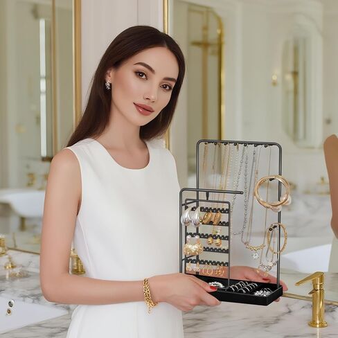 Lolalet Jewelry Stand Organizer, Room Dorm Decor Display Storage with Rotating Earring Holder Hanger and Removable Ring Tray for Necklace Bracelet Bangles Watches Studs -Gold in Saudi Arabia