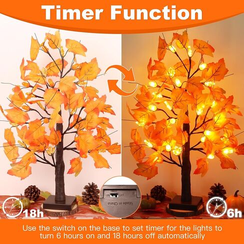 2 Pack 24 Inch Prelit Fall Maple Tree Fall Decorations for Home with 48 LEDs Battery Operated Timer Lighted Acorn Maple Tabletop Light Up Tree for Office Fall Decor Thanksgiving Decorations Indoor in Kuwait