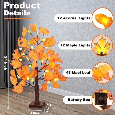 2 Pack 24 Inch Prelit Fall Maple Tree Fall Decorations for Home with 48 LEDs Battery Operated Timer Lighted Acorn Maple Tabletop Light Up Tree for Office Fall Decor Thanksgiving Decorations Indoor in Kuwait