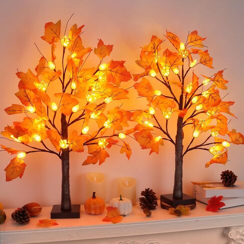 2 Pack 24 Inch Prelit Fall Maple Tree Fall Decorations for Home with 48 LEDs Battery Operated Timer Lighted Acorn Maple Tabletop Light Up Tree for Office Fall Decor Thanksgiving Decorations Indoor in Kuwait