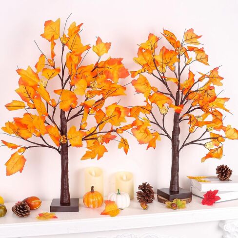 2 Pack 24 Inch Prelit Fall Maple Tree Fall Decorations for Home with 48 LEDs Battery Operated Timer Lighted Acorn Maple Tabletop Light Up Tree for Office Fall Decor Thanksgiving Decorations Indoor in Kuwait