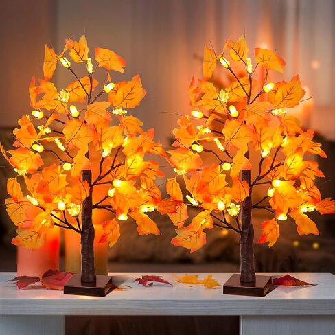 2 Pack 24 Inch Prelit Fall Maple Tree Fall Decorations for Home with 48 LEDs Battery Operated Timer Lighted Acorn Maple Tabletop Light Up Tree for Office Fall Decor Thanksgiving Decorations Indoor in Kuwait