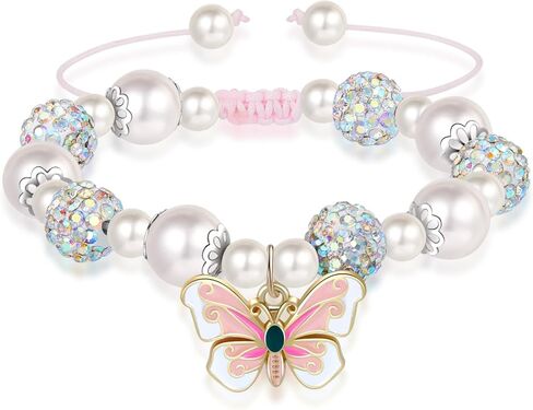 Artlunar Pink Pearl Butterfly Bracelet for Girls, Adjustable Sliding Knot (5.2"-9") Stainless Steel & Pearl Charm – Kids Birthday Gift Jewelry for Daughter, Granddaughter, Niece in Saudi Arabia