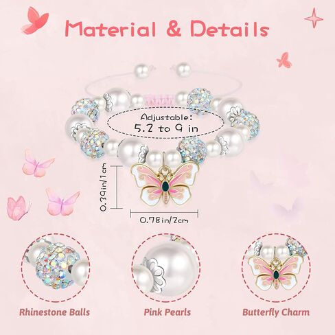 Artlunar Pink Pearl Butterfly Bracelet for Girls, Adjustable Sliding Knot (5.2"-9") Stainless Steel & Pearl Charm – Kids Birthday Gift Jewelry for Daughter, Granddaughter, Niece in Saudi Arabia