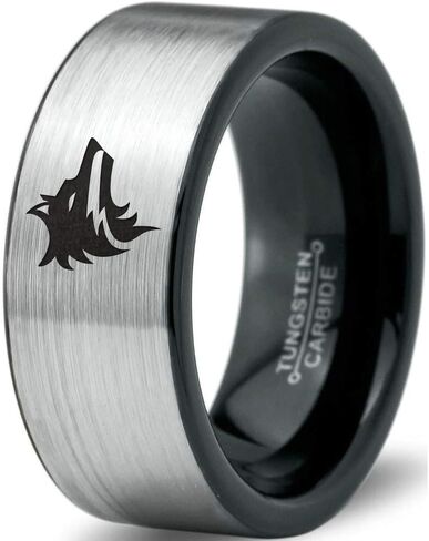 Wolf Wolfpack Pack Canine Conine Ring - Tungsten Band 8mm - Men - Women - 18K Rose Gold Step Bevel Edge - أصفر - رمادي - أزرق - أسود - مصقول - حفل زفاف - هدية قبة مسطحة مسطحة in Kuwait