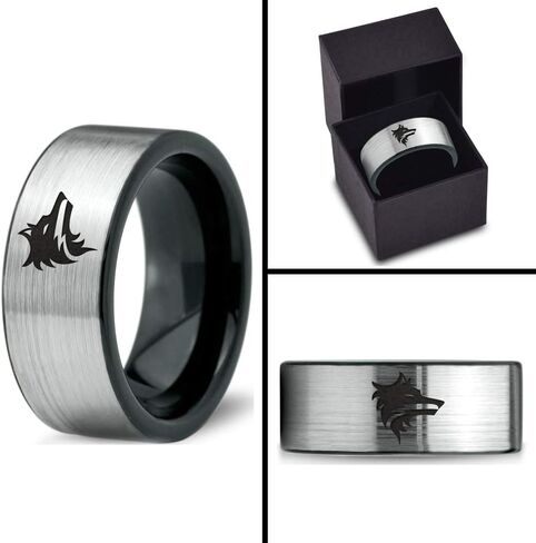 Wolf Wolfpack Pack Canine Conine Ring - Tungsten Band 8mm - Men - Women - 18K Rose Gold Step Bevel Edge - أصفر - رمادي - أزرق - أسود - مصقول - حفل زفاف - هدية قبة مسطحة مسطحة in Kuwait