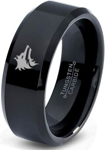 Wolf Wolfpack Pack Canine Conine Ring - Tungsten Band 8mm - Men - Women - 18K Rose Gold Step Bevel Edge - أصفر - رمادي - أزرق - أسود - مصقول - حفل زفاف - هدية قبة مسطحة مسطحة in Kuwait