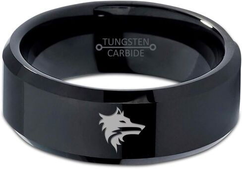 Wolf Wolfpack Pack Canine Conine Ring - Tungsten Band 8mm - Men - Women - 18K Rose Gold Step Bevel Edge - أصفر - رمادي - أزرق - أسود - مصقول - حفل زفاف - هدية قبة مسطحة مسطحة in Kuwait