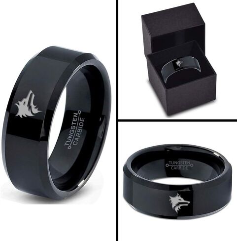 Wolf Wolfpack Pack Canine Conine Ring - Tungsten Band 8mm - Men - Women - 18K Rose Gold Step Bevel Edge - أصفر - رمادي - أزرق - أسود - مصقول - حفل زفاف - هدية قبة مسطحة مسطحة in Kuwait