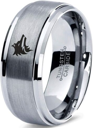 Wolf Wolfpack Pack Canine Conine Ring - Tungsten Band 8mm - Men - Women - 18K Rose Gold Step Bevel Edge - أصفر - رمادي - أزرق - أسود - مصقول - حفل زفاف - هدية قبة مسطحة مسطحة in Kuwait
