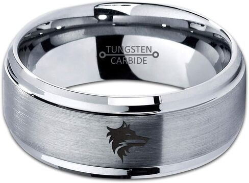 Wolf Wolfpack Pack Canine Conine Ring - Tungsten Band 8mm - Men - Women - 18K Rose Gold Step Bevel Edge - أصفر - رمادي - أزرق - أسود - مصقول - حفل زفاف - هدية قبة مسطحة مسطحة in Kuwait
