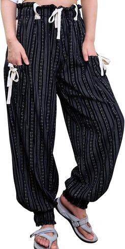 Women Drawstring Striped Pants Loose Wide Leg Casual Lounge Pants with Pockets in Saudi Arabia