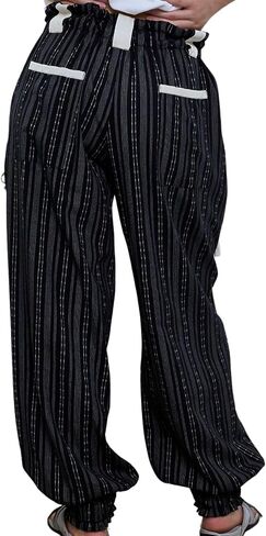 Women Drawstring Striped Pants Loose Wide Leg Casual Lounge Pants with Pockets in Saudi Arabia