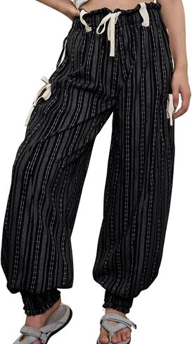 Women Drawstring Striped Pants Loose Wide Leg Casual Lounge Pants with Pockets in Saudi Arabia