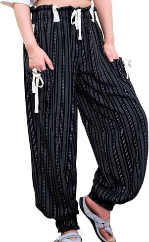 Women Drawstring Striped Pants Loose Wide Leg Casual Lounge Pants with Pockets in Saudi Arabia