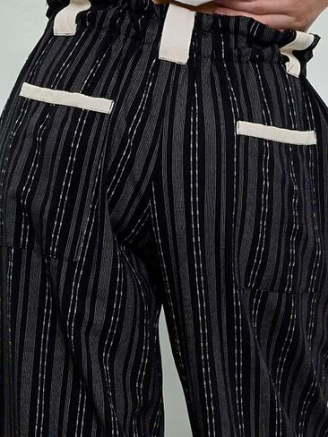 Women Drawstring Striped Pants Loose Wide Leg Casual Lounge Pants with Pockets in Saudi Arabia